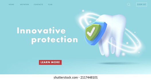 Web banner with 3d illustration of a Healthy tooth and protective shield, anti-caries protection concept composition