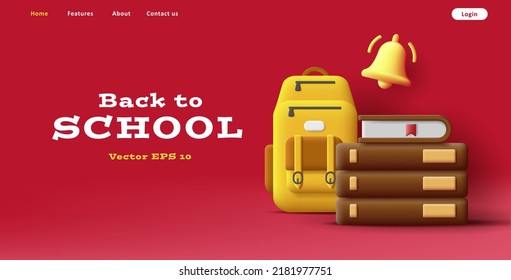 Web banner with 3d illustration of school backpack, pile of books and bell. Vector illustration on red background