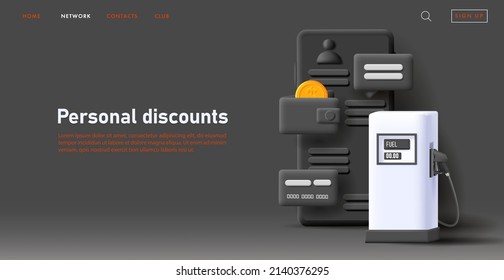 Web banner with 3d illustration of a smartphone application for gas station with wallet in black render style