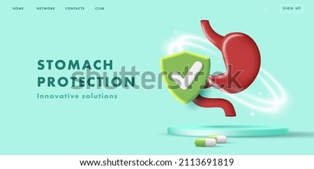 Web banner with 3d illustration of stomach protection with medicine pills and shield icon, drugs promo