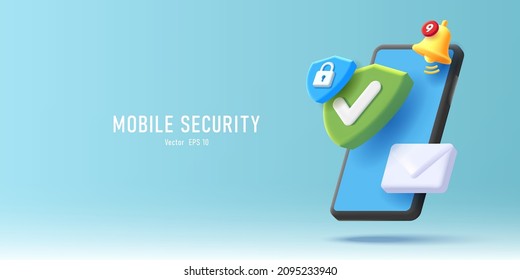 Web banner with 3d render illustration od a smartphone with protection shield with padlock and notification bell and envelope