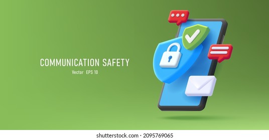 Web banner with 3d render illustration od a smartphone with protection shield with padlock and notification bell and envelope, mobile securirty