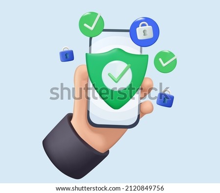Web banner with 3d render illustration od a smartphone with protection shield and padlock. Data security concept. Mobile security app on smartphone screen. Data security protection. Security antivirus