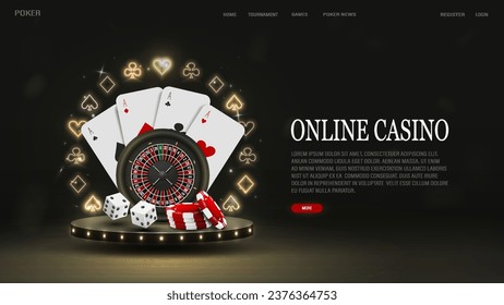 A web banner with 3d roulette for casinos, poker cards, dice and chips on the podium with a bright neon frame of the suits of spades, diamonds, hearts and crosses in black and gold with text.