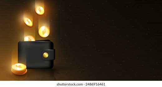 Web banner with 3d shiny golden coins falling into black wallet and text - Ether (Ethereum cryptocurrency) and copy space. E-wallet and ETH tokens on dark background. Virtual money trading, investment