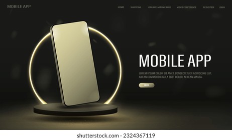 Ein Web-Banner mit einem 3D Smartphone in goldener Farbe auf einem glänzenden Podium mit einem hellgelben Bogen. Ein Konzept für eine Website mit einem Handymodell.