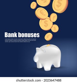 Web banner with 3d white piggy bank render and golden euro and dollar coins falling into it, bank bonuses promo