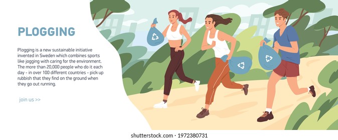 Web banner about plogging with people jogging and picking garbage into trash bags. Men and women running and cleaning environment from litter. Green activity concept. Colored flat vector illustration