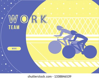 web banner about solid teamwork in yellow and blue.team lead cyclists on the track reach tasks together. vector graphics about business