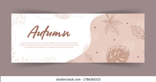 Web banner. Abstract horizontal background with autumn elements, geometric shapes, plants and leaves in one line style. Vector minimalistic illustration.