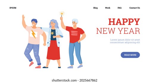 Web banner for advertise fireworks and pyrotechnics for holiday new year celebration. Happy young people holding festive sparklers having fun at party. Vector flat illustration.