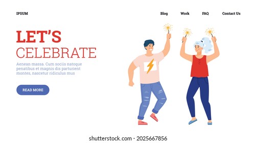 Web banner for advertise holiday fireworks and pyrotechnics. Couple girl and guy having fun at new year celebration party with festive sparklers. Flat cartoon vector illustration
