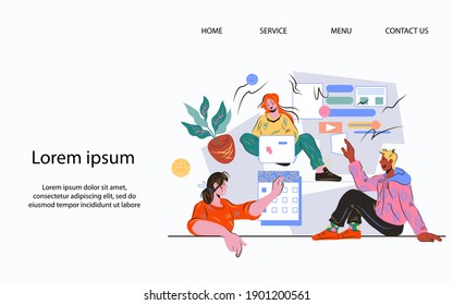 Web banner for agile system of management and development with team of developers put notes on planning board and work in collaboration on project. Agile and Scrum, team tasks, vector illustration.