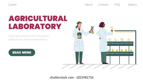 Web banner for agriculture laboratory with female scientists research of green sprouts growing in test tubes. Science workers carry biotechnology plant breeding experiments. Vector