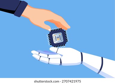 Anuncio de Web con chip de IA con mano humana y mano de robot androide, tecnología, aprendizaje automático, red neuronal, inteligencia artificial, concepto de Anuncio de IA. Colaboración de inteligencia artificial humana