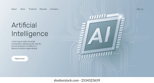 Banner da web com chip de IA, tecnologia, inovação, aprendizagem de máquina, rede neural, conceito da página inicial de Inteligência Artificial (IA).