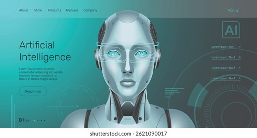 Web banner AI humanoid front view, AI robot, technology, machine learning, neural network, Artificial Intelligence (AI) landing page concept. Neon light background.
