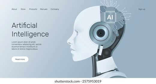 Web banner AI humanoid head side view, AI microchip brain, technology, machine learning, neural network, Artificial Intelligence (AI) landing page concept.