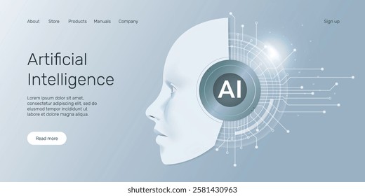 Web banner AI humanoid head side view, AI digital brain, machine learning, neural network, Artificial Intelligence (AI) landing page concept.