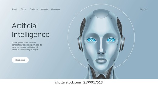 Web banner AI humanoid head front view, AI robot, technology, machine learning, neural network, Artificial Intelligence (AI) landing page concept.