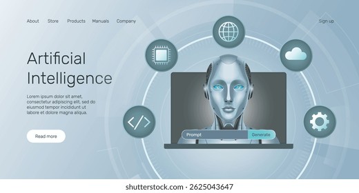 Web banner AI humanoid head front view on laptop with prompt generate button, AI robot, technology, machine learning, neural network, Artificial Intelligence (AI) landing page concept.