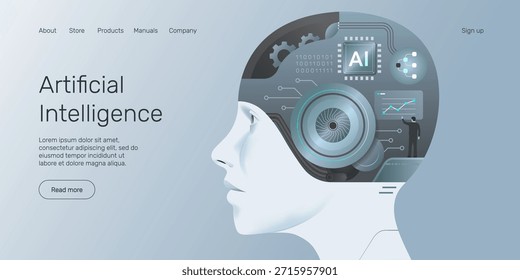 Web Vista lateral de la cabeza del humanoide de la IA, Anuncio del microchip de la IA, tecnología, aprendizaje automático, red neuronal, concepto de página de aterrizaje de la inteligencia artificial (IA).
