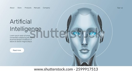 Web banner AI humanoid head front view, AI robot, technology, machine learning, neural network, Artificial Intelligence (AI) landing page concept.
