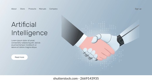 Banner da web Ai robot Handshake. Colaboração entre inteligência humana e artificial. Parceria profissional de tecnologia, conceito da página inicial de inteligência artificial.
