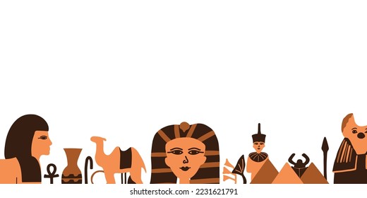 Web banner with Ancient Egypt ancient sculptures and hieroglyphs. Trendy abstract antique texture. Colored flat vector illustration.