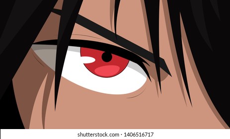 Web Banner For Anime, Manga. Anime Face With Red Eyes From Cartoon. Vector Illustration
