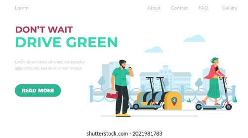 Web banner with app for rent personal eco transport. People ride on electric scooter vehicles at city streets. Modern environment friendly urban lifestyle. Vector flat illustration.