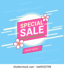 Web banner with an appeal. Springtime theme. Cherry blossoms, sun disc, blue sky, luminous rays. The whole composition is made in a swift movement. Primary button. For business, ad, poster, flyer.
