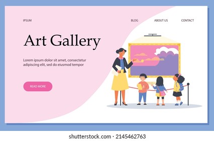 Web Banner For Art Gallery, Children Visit Exhibition Flat Style, Vector Illustration. Tour Guide Talking About Picture Template For Website, Place For Text, Blue Background