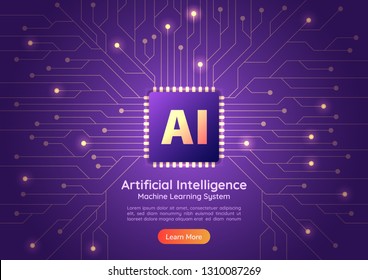 Web banner Artificial Intelligence AI chip on computer circuit board. AI and Machine learning concept landing page.