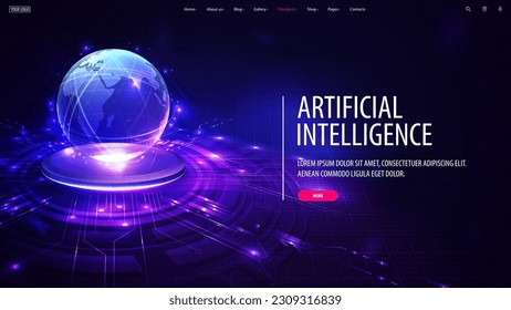 Web banner with artificial Intelligence computer database concept. Central Computer Processors CPU in form of hologram planet on digital podium.