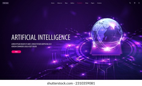 Web banner with artificial Intelligence computer database concept. Central Computer Processors CPU in form of hologram planet