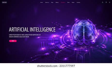 Web banner with artificial Intelligence computer database concept in form of hologram brain on digital podium.