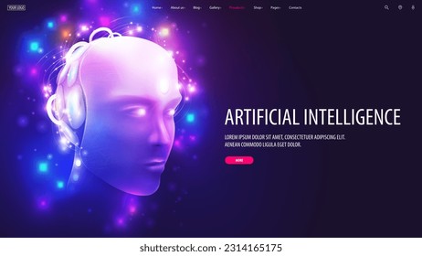 Web banner with artificial Intelligence computer database concept with neural network in form of cybernetic face. AI with digital brain. Head of artificial intelligence with mind