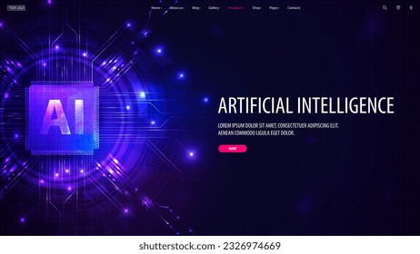 Web banner with artificial Intelligence computer database concept and interfaceelements. Central Computer Processors CPU concept. Digital chip.