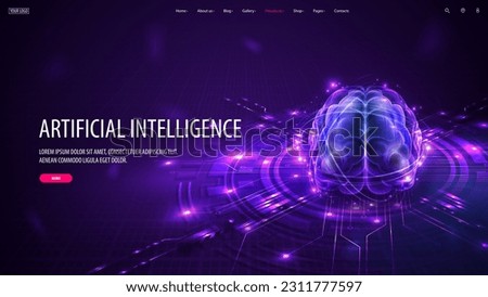 Web banner with artificial Intelligence computer database concept in form of hologram brain on digital podium.