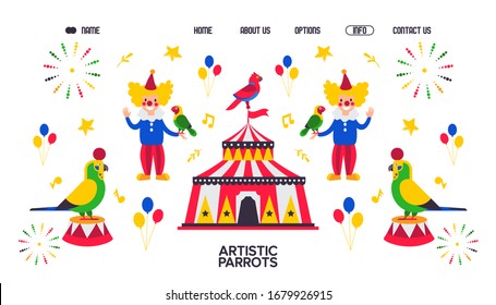 Web banner for artistic parrot, zoo circus with bird, clown vector illustration. Male character near circus tent. Contact us, about us, home, option button. Web site design template.