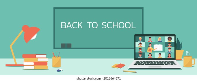 web banner of back to school online concept, distance-learning or online education, home school with woman teacher teaching young students via laptop screen, flat vector illustration