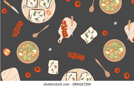 Web banner background with Delicious and healthy food.Kitchen utensils and tools.Vector illustrations for food and drink marketing material, ads, natural products presentation templates, cover design.