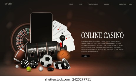 A web banner with balls, basketball, football, baseball, tennis with a smartphone, a vending machine, cards, chips and dice. A concept for casinos and sports betting.