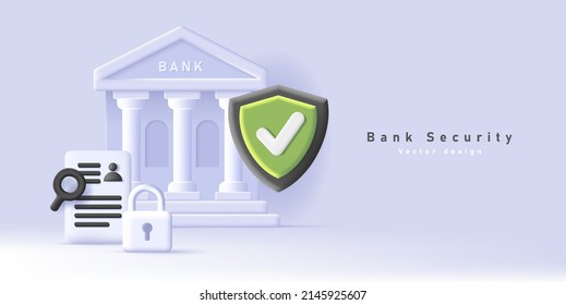 Banner web con edificio de banco y escudo que indica seguridad y encriptación, padlock y documento financiero, composición 3d