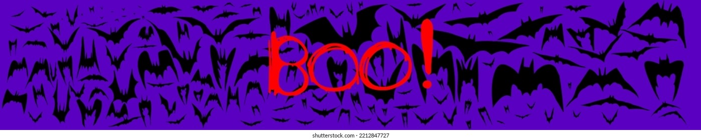 Web banner with bats and shout BOO in purple. Vector illustration of a flock of flying bloodsuckers for Halloween advertising. Big set of silhouette bats.