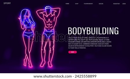A web banner with a beautiful and sexy neon man and woman on a blue background. A concept for bodybuilding and sports.