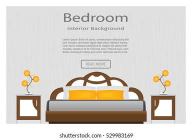 Web banner bedroom interior with furniture. Hotel room design. Flat vector illustration for website designers