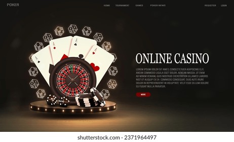 A web banner with a black 3d roulette for casinos, cards, dice and poker chips on a podium with glowing lamps with a neon frame in gold on a dark background.