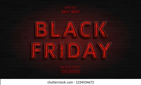 Web banner for black Friday sale. Modern neon red billboard on brick wall. Concept of advertising for seasonal offer with 3d glowing neon letters.